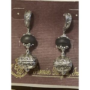 Premier Designs Ornate Silver Tone & Black Bead Dangle Chandelier Earrings ~2"